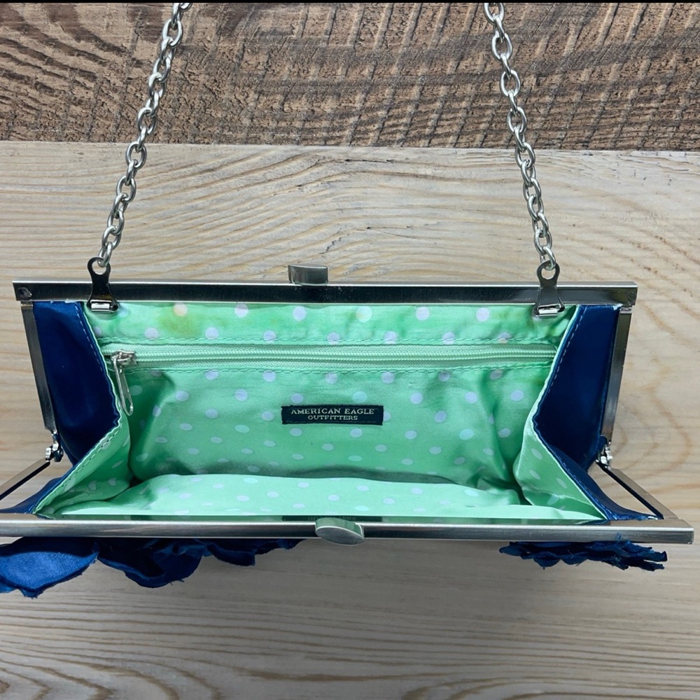AMERICAN EAGLE OUTFITTERS - Blue CLUTCH PURSE Handbag Satin Flower Accent AEO - Picture 3 of 8